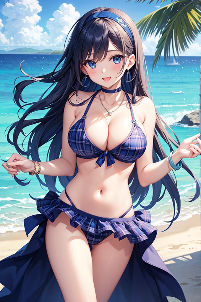 Highest quality、Highest quality、masterpiece、beauty(Age 25)、Navy blue long hair、blue eyes、Sexy plaid bikini、Big cleavage、(Big Breasts),smile、blue necklace、Blue Earrings、background(Beach)、Please open your mouth wide、White headband、bracelet、Dynamic pose、Blue choker