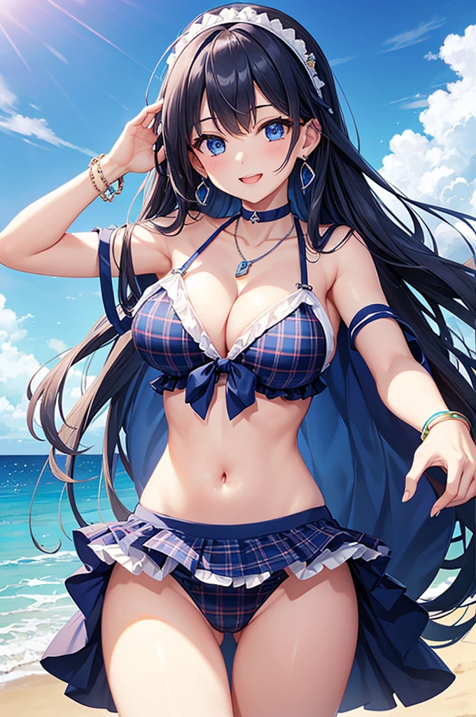 Highest quality、Highest quality、masterpiece、beauty(Age 25)、Navy blue long hair、blue eyes、Sexy plaid bikini、Big cleavage、(Big Breasts),smile、blue necklace、Blue Earrings、background(Beach)、Please open your mouth wide、White headband、bracelet、Dynamic pose、Blue choker