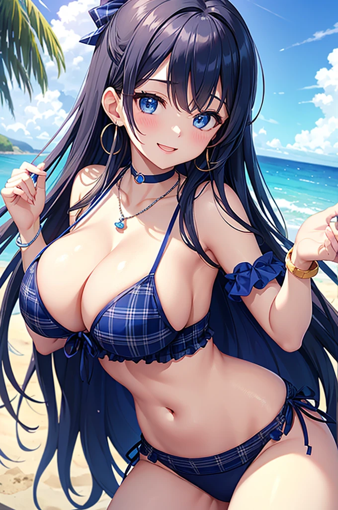 Highest quality、Highest quality、masterpiece、beauty(Age 25)、Navy blue long hair、blue eyes、Sexy plaid bikini、Big cleavage、(Big Breasts),smile、blue necklace、Blue Earrings、background(Beach)、Please open your mouth wide、White headband、bracelet、Dynamic pose、Blue choker