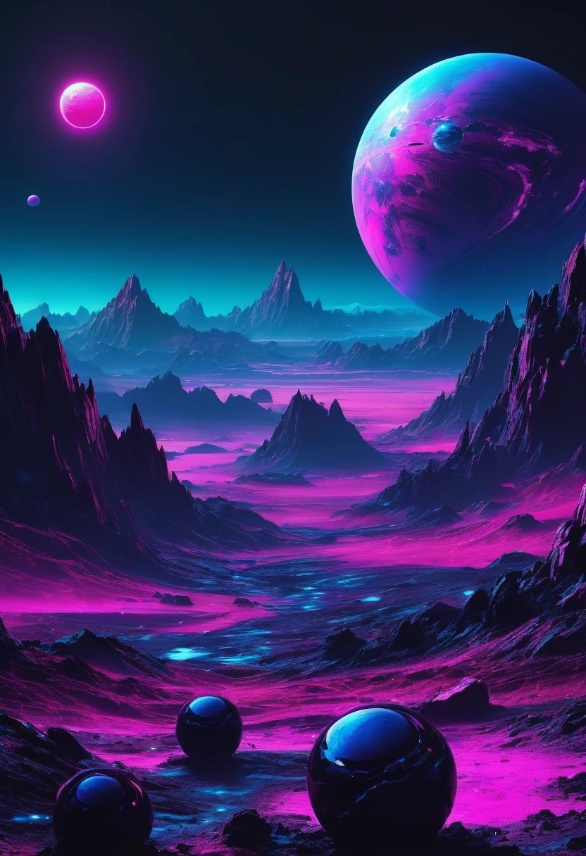 create a vision of two dark purple rocky planets superimposed in dark nighttime outer space seen from the surface of a mountainous planet with polished metallic tile surface in neon pink and blue cyberpunk style at night in the distance, space is dark and you can only see one side of the planets through the dense atmosphere, total dark, dark horizon, penumbra, as realistic as possible, the sun is out of the picture