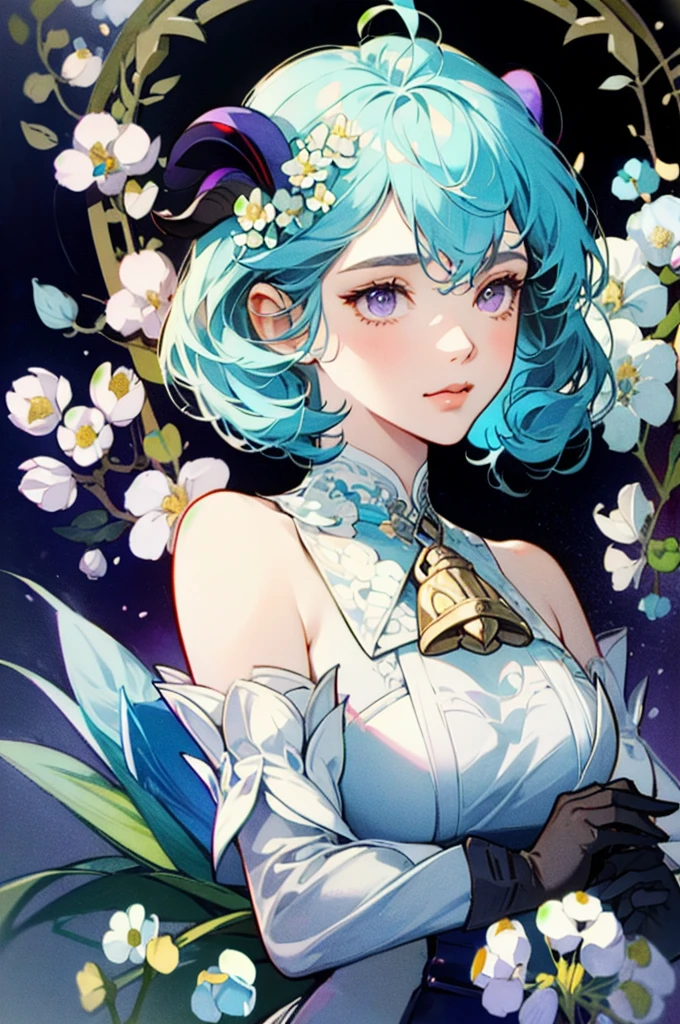 1 girl solo, light blue hair, purple eyes, dark red ram horns, golden bell on her chest, detached white and blue sleeves, bare shoulders, sleeveless black top, black gloves, ((portrait face closeup)) Vintage Victorian style, Precise vintage encyclopedia (best quality:1.2), (detailed:1.2), (masterpiece:1.2), vintage botanical illustration, (((white flowers Diphylleia grayi))) many white flowers around, flower petals flying, dramatic cinematic light