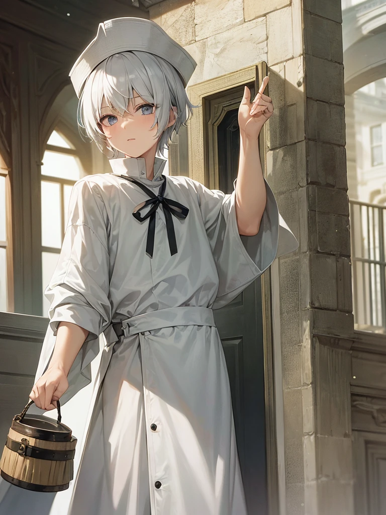 A boy with white hair, dressed in commoner clothing and a bucket on top of his head