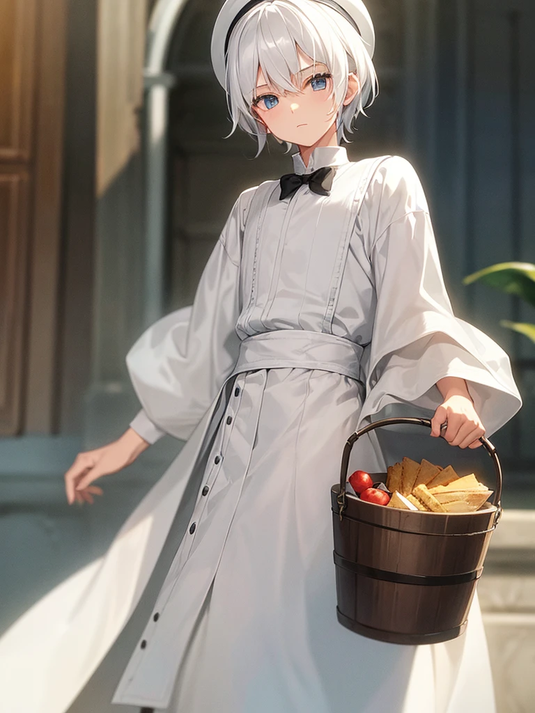 A boy with white hair, dressed in commoner clothing and a bucket on top of his head