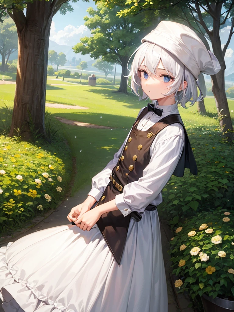 A boy with white hair, dressed in commoner clothing and a bucket on top of his head