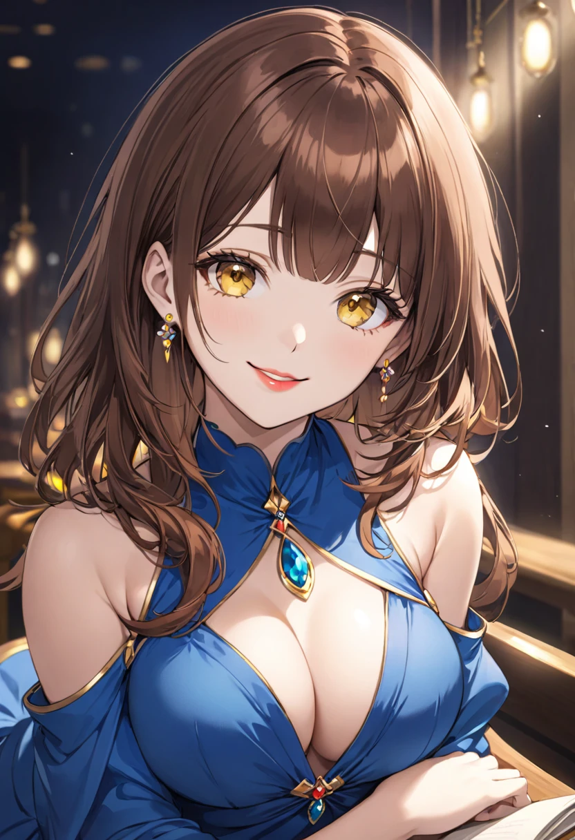 1 girl, alone, brown hair, long, , looking at viewer, smile, bangs, brown hair, blue dress, jewelry, , closed mouth, yellow eyes, red lips, 