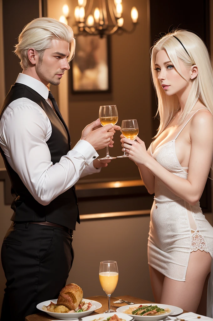 Create an image of a couple between a blonde woman with white hair and light eyes With a tall, muscular man in love Having dinner