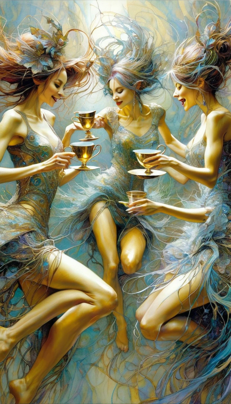 three women have fun and dance, each holding a cup, luxurious cups(art inspired by Brian Froud and Carne Griffiths and Wadim Kashin, intricate details, oil)