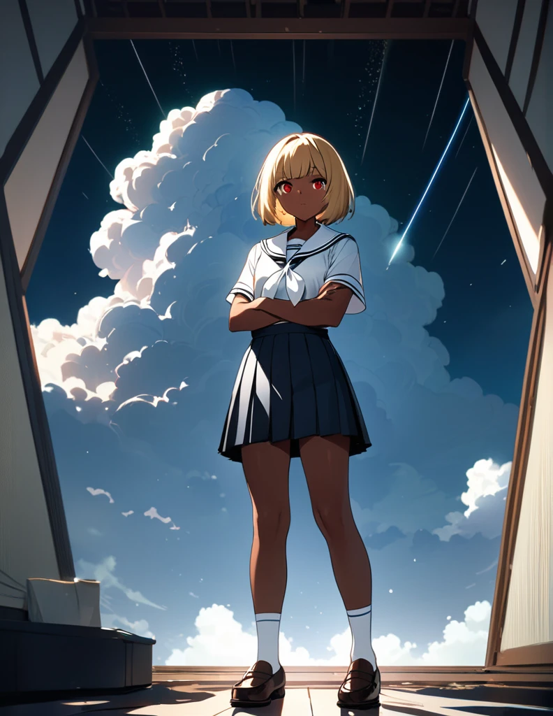 ((masterpiece, Highest quality)), High resolution, 8K, Cinematic Light, High Contrast, Depth of written boundary, A 17-year-old Japanese girl, Catholic high school student, Blonde bob cut, beautiful red eyes, neatly aligned bangs, tanned chocolate skin, black gal style, traditional dark green sailor uniform, white tie, white sailor collar, white socks, loafers, full body, standing with a confident expression, arms crossed, perfect lighting,
A blue sky, a summer cumulonimbus, a single shooting star, an insolent face, standing with his legs apart shoulder-width apart