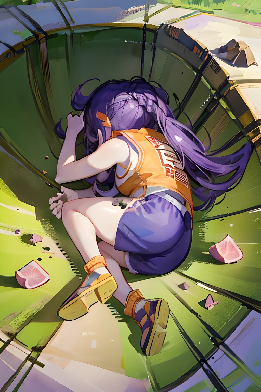 1girl,yamcha,rock green background,purple hair,long hair,sleep, holding a piece of ham in my hand