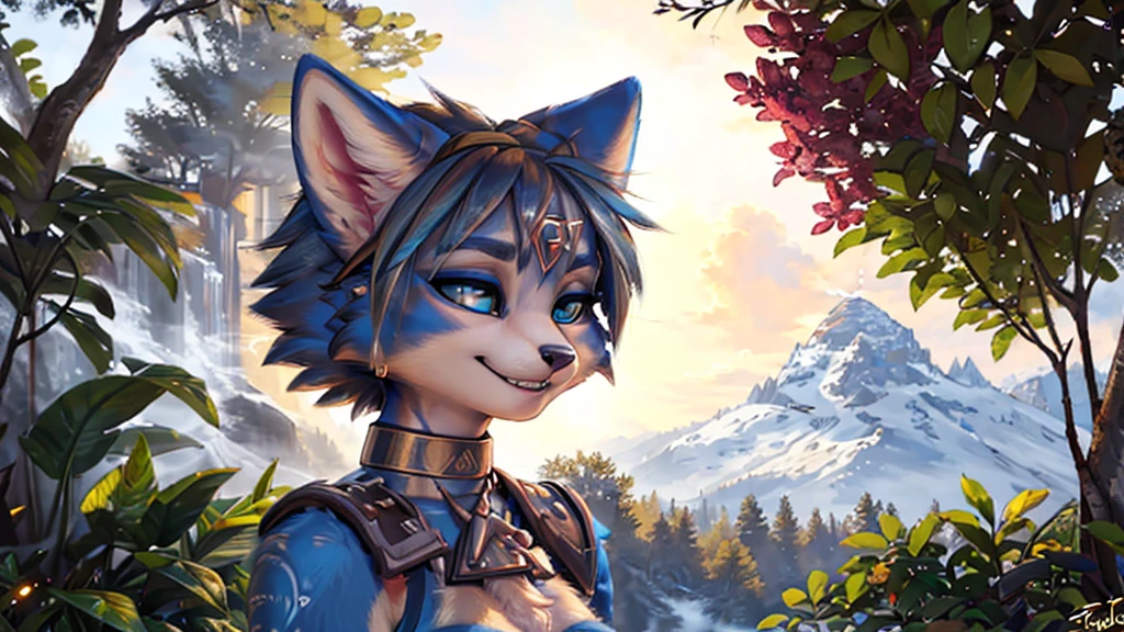 A beautiful and detailed (sweet portrait) wa ((Krystal)), Star Fox Krystal, sslim, lovable, green eyes, medium breasts, (((Long blue hair 1.3))),  ((black hair tips)), Decollete, grin, look up,, anthro, furry, Uploaded E621, detailed fluffy fur, (wa Fluff-Kevlar, Bayard Wu, Personalami, Pino Daeni), detailed face, (fluffy), 1 girl, alone,  Tribal clothing, sweet girl, brustpanzer 
