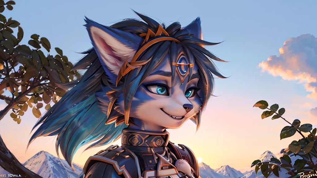 A beautiful and detailed (sweet portrait) wa ((Krystal)), Star Fox Krystal, sslim, lovable, green eyes, medium breasts, (((Long blue hair 1.3))),  ((black hair tips)), Decollete, grin, look up,, anthro, furry, Uploaded E621, detailed fluffy fur, (wa Fluff-Kevlar, Bayard Wu, Personalami, Pino Daeni), detailed face, (fluffy), 1 girl, alone,  Tribal clothing, sweet girl, brustpanzer 
