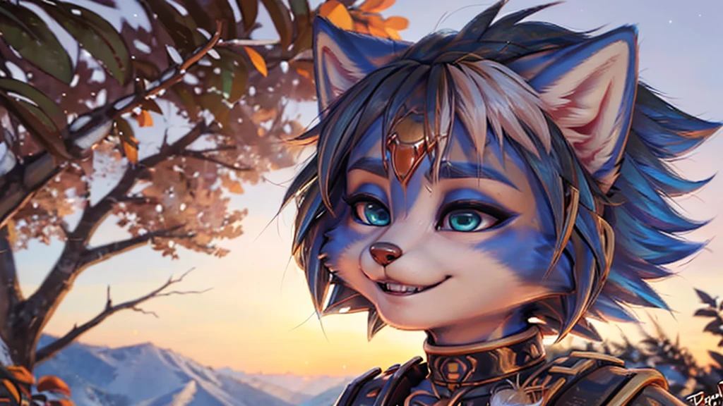 A beautiful and detailed (sweet portrait) wa ((Krystal)), Star Fox Krystal, sslim, lovable, green eyes, medium breasts, (((Long blue hair 1.3))),  ((black hair tips)), Decollete, grin, look up,, anthro, furry, Uploaded E621, detailed fluffy fur, (wa Fluff-Kevlar, Bayard Wu, Personalami, Pino Daeni), detailed face, (fluffy), 1 girl, alone,  Tribal clothing, sweet girl, brustpanzer 
