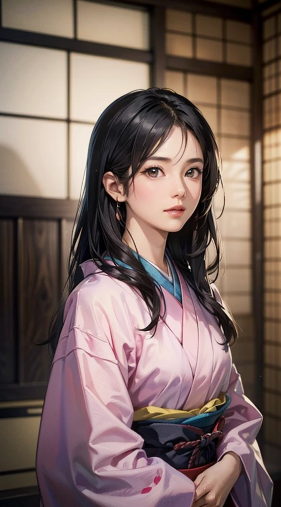 (Realistic)、(Realistic:1.2)、(High resolution)、Very detailed、Very beautiful face and eyes、1 girl、Delicate body、(highest quality、Attention to detail、Rich skin detail)、(highest quality、8k、Oil paint:1.2)、Very detailed、(Realistic、Realistic:1.37)、Bright colors、Full Body Shot,black_hair, Beautiful 8k eyes,Looking_in_Audience,One person in,Are standing,((Very beautiful woman, Fuller lips, Japanese pintern kimono))、((Colorful Japanese kimono)))、(((blackhair)))、(((Blunt bung,long straight hair)))、((( Inside an old Japanese house with a (short focus :1.4),)))、(masterpiece, highest quality, highest quality, Official Art, beautifully、aesthetic:1.2),(Fractal Art:1.3),Sengoku period、Greg Rutkowski Written by Alphonse Mucha Ropp,short ,uchikake,nishijin ori,(realistic light and shadow), (real and delicate background),(muted colors, dim colors, soothing tones:1.3), low saturation, (hyperdetailed:1.2), (noir:0.4),drow,blurry_light_background, (vibrant color:1.2), cinematic lighting, ambient lighting,Single Shot,Shallow Focus,pink lip,blurry light background,