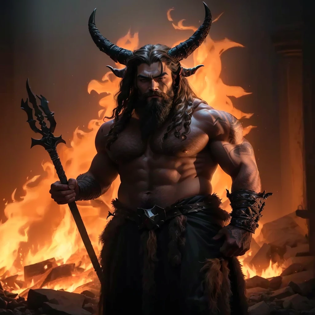 (photorealistic, masterpiece, detailed face, best quality, highres, 4k), Fantasy art style, A striking depiction of Aries the fiery ram featuring a ruggedly handsome male model with piercing eyes and a fierce aura, full body, posing nude with a large penis. Personification of the Aries zodiac sign, helmet of ram horns on head, set against a backdrop of dynamic flames and mountains and celestial elements