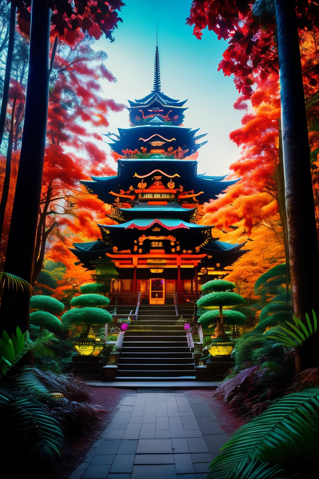 Nestled within the heart of a lush, vibrant forest, a resplendent Neon Buddha temple stands, illuminated by the ethereal glow of pulsating neon lights. This enchanting shrine appears as if it has sprung to life from the pages of a Japanese manga, its towering statues and intricate carvings shimmering with an otherworldly sheen.
Surrounding the temple, towering trees adorned with multicolored leaves produce a breath-taking riot of colors that dance in the light of dazzling neon signs. As one walks through the forest floor, a harmonious blend of rustling leaves, soft moss
