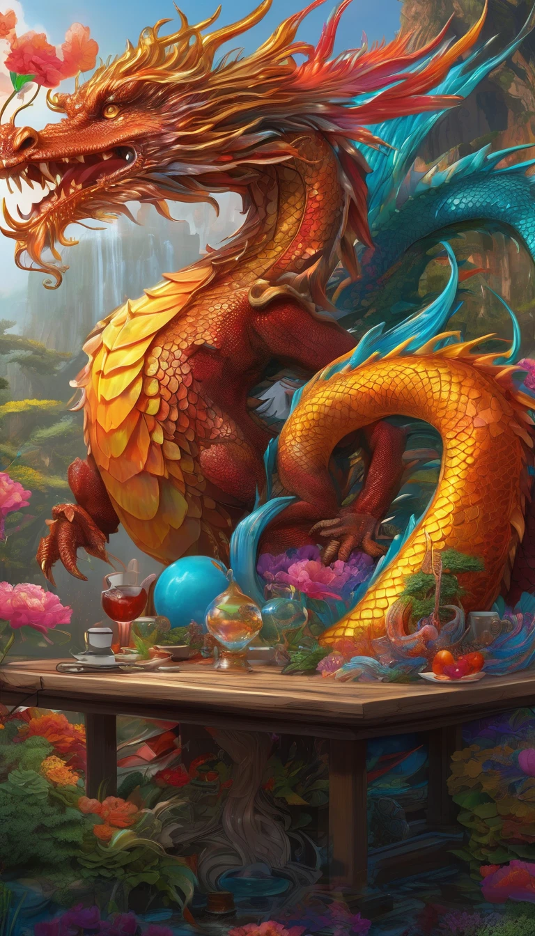 A dragon sits on a table, Jellyfish Phoenix Dragon, complicated fantasy painting, Digital Painting | complicated, complicated Digital Painting, Detailed fantasy digital art, Dragon Art, Chinese dragon concept art, Detailed digital 2D fantasy art, complicated colorful masterpiece, Highly detailed digital art, 8k high quality detailed art, Digital art with attention to detail, Colorful digital fantasy art