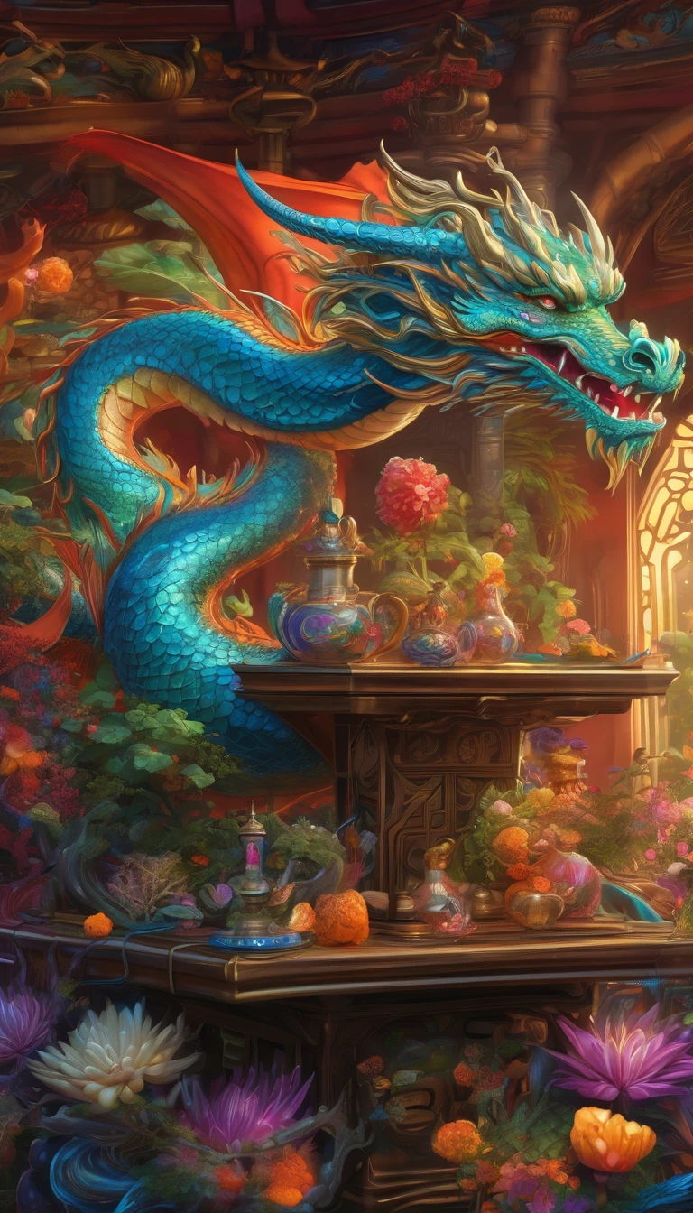 A dragon sits on a table, Jellyfish Phoenix Dragon, complicated fantasy painting, Digital Painting | complicated, complicated Digital Painting, Detailed fantasy digital art, Dragon Art, Chinese dragon concept art, Detailed digital 2D fantasy art, complicated colorful masterpiece, Highly detailed digital art, 8k high quality detailed art, Digital art with attention to detail, Colorful digital fantasy art