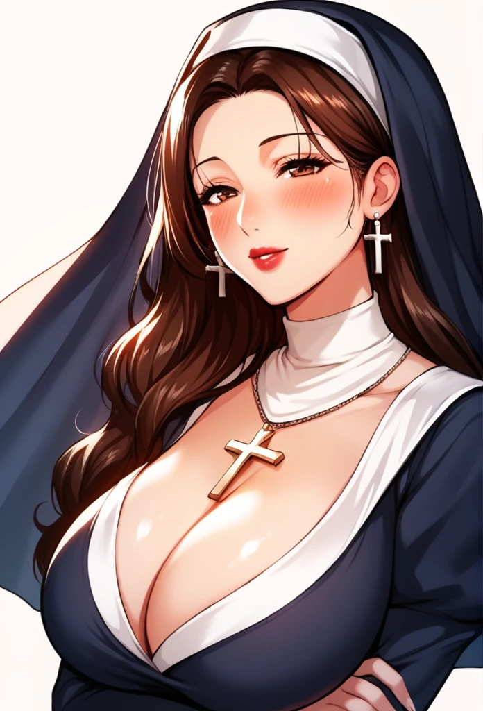 Hot sexy beautiful nun milf mom ,big long cross earrings,brown hair,blush,brown eyes, necklace ,wavy blunt hair, lipstick,huge
 breasts ,nun uniform , cleavage 