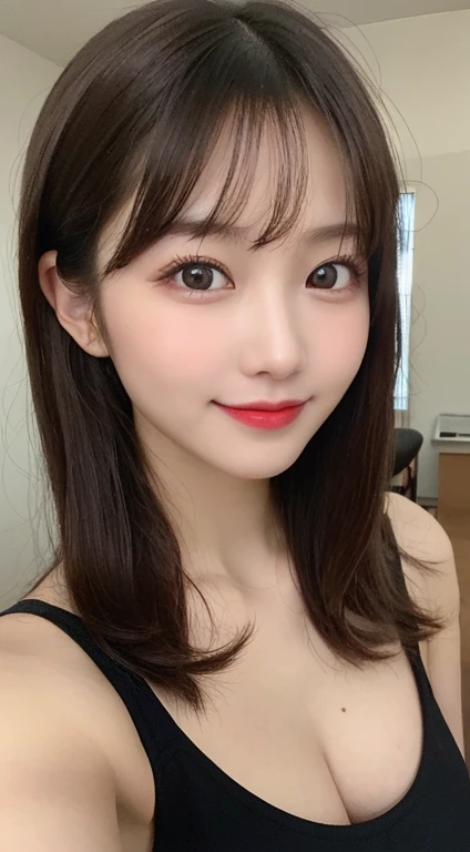 On the table, best quality, shape, Very detailed, Finely, high resolution, 8k wallpaper, 完璧なダイナミックな構shape, Beautiful and delicate eyes, Straight Hair, Small Breasts, Natural lipstick, Casual sexy pose,Smile,20 year old girl、midnight、Beautiful and delicate face、Perfect beautiful face,big eyes、RAW photos、Expressing female posture using the whole body、Beautiful and delicate eyes、Small face、Beautiful duplex、Facelift and style,Beautiful golden ratio face,Double ponytails,Bright appearance,The focus of the shooting is、real picture