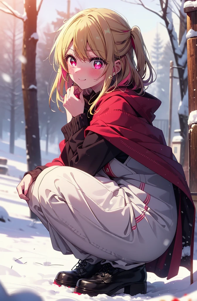 rubyhoshino, Hoshino Ruby, Long Hair, bangs, Blonde, (Pink Eyes:1.3), Side Lock, (Symbol-shaped pupil:1.5), Multicolored Hair, Two-tone hair, smile,,smile,blush,White Breath,
Open your mouth,snow,Ground bonfire, Outdoor, boots, snowing, From the side, wood, suitcase, Cape, Blurred, , forest, White handbag, nature,  Squat, Mouth closed, Cape, winter, Written boundary depth, Black shoes, red Cape break looking at viewer, Upper Body, whole body, break Outdoor, forest, nature, break (masterpiece:1.2), Highest quality, High resolution, unity 8k wallpaper, (shape:0.8), (Beautiful and beautiful eyes:1.6), Highly detailed face, Perfect lighting, Highly detailed CG, (Perfect hands, Perfect Anatomy),