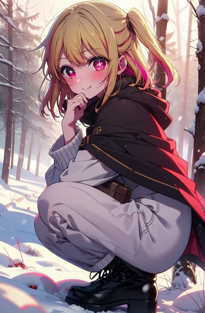 rubyhoshino, Hoshino Ruby, Long Hair, bangs, Blonde, (Pink Eyes:1.3), Side Lock, (Symbol-shaped pupil:1.5), Multicolored Hair, Two-tone hair, smile,,smile,blush,White Breath,
Open your mouth,snow,Ground bonfire, Outdoor, boots, snowing, From the side, wood, suitcase, Cape, Blurred, , forest, White handbag, nature, Squat, Mouth closed, Cape, winter, Written boundary depth, Black shoes, red Cape break looking at viewer, Upper Body, whole body, break Outdoor, forest, nature, break (masterpiece:1.2), Highest quality, High resolution, unity 8k wallpaper, (shape:0.8), (Beautiful and beautiful eyes:1.6), Highly detailed face, Perfect lighting, Highly detailed CG, (Perfect hands, Perfect Anatomy),