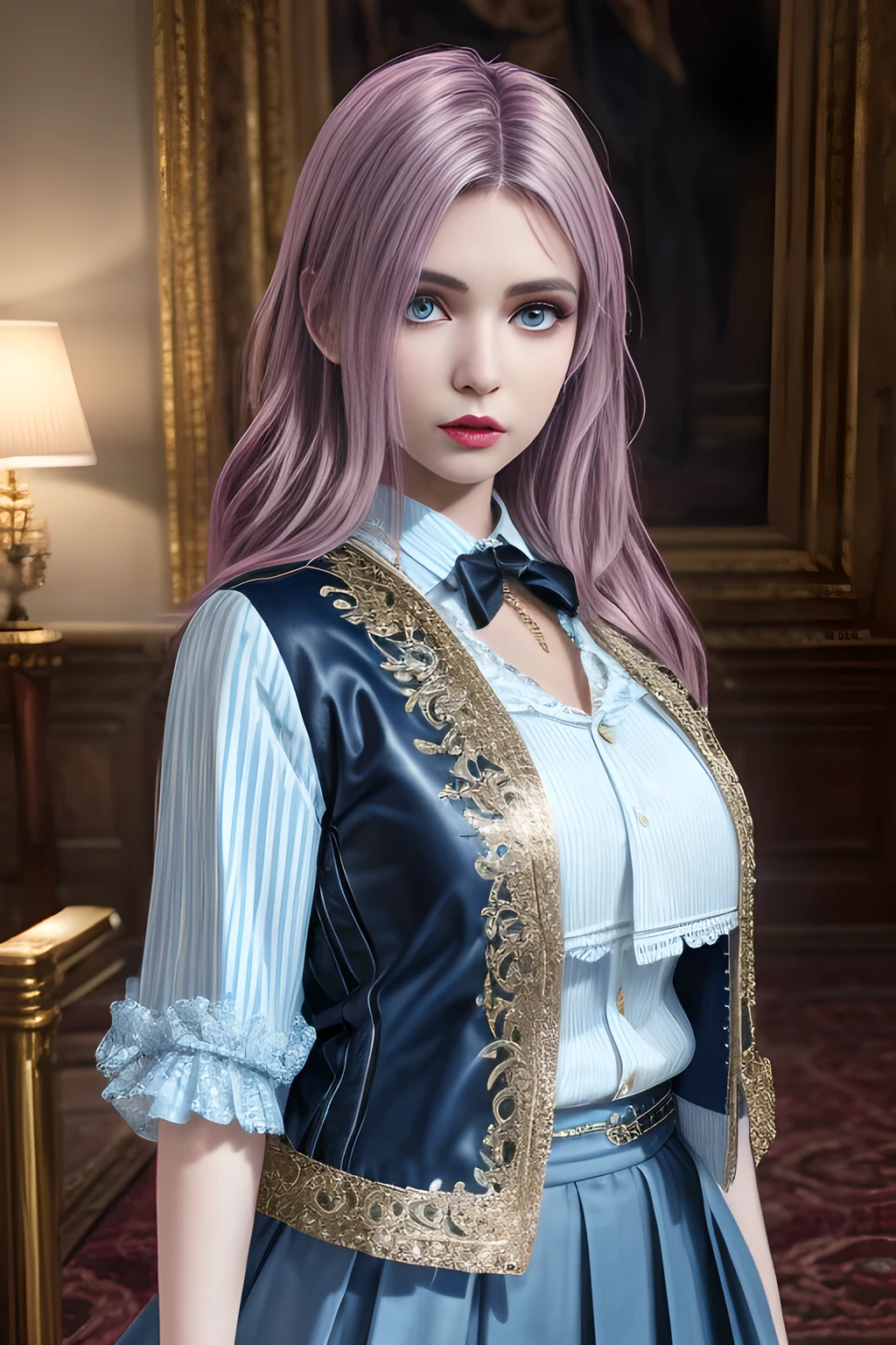 1girl,The upper body is a dark blue short-sleeved suit jacket, paired with a white shirt and a black tie. The jacket is decorated with white stripes, which adds a sense of fashion and layering. The lower body is a dark blue skirt that matches the jacket, ,beautiful detailed eyes, beautiful detailed lips, extremely detailed eyes and face, long eyelashes, best quality, 4k, 8k, highres, masterpiece, ultra-detailed, realistic, photorealistic, photo-realistic, ethereal glow, regal elegance, intricate details, luxurious, otherworldly beauty, dark atmospheric background, supernatural aura, elise,