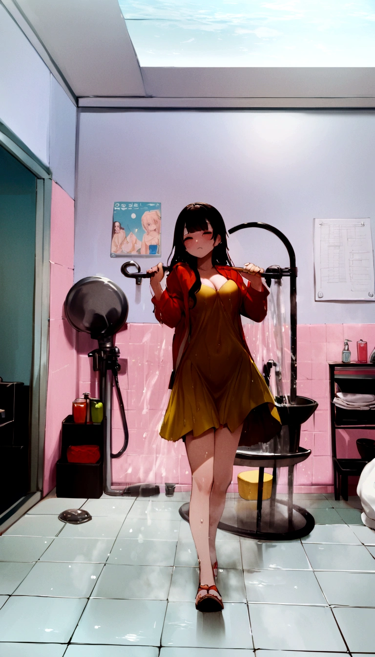 ((best quality)), ((masterpiece)), (ultra details), background black, black background, taking a shower, water splash, splashed water, get splashed, got drenched, taking a shower, wet body 1girl, cute face, k-pop idle IVE, red lip, sad face, cleavage, C-cup, close-up, ultra close up, (head shot:1.2), head shot, at very close range, shot from side, shot from below