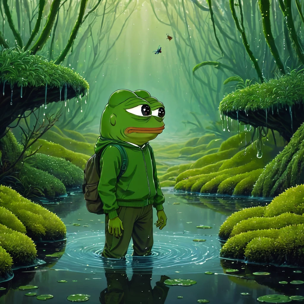 A land full of slime moss stagnant water and insects, (((pepe_frog))), 1 boy 