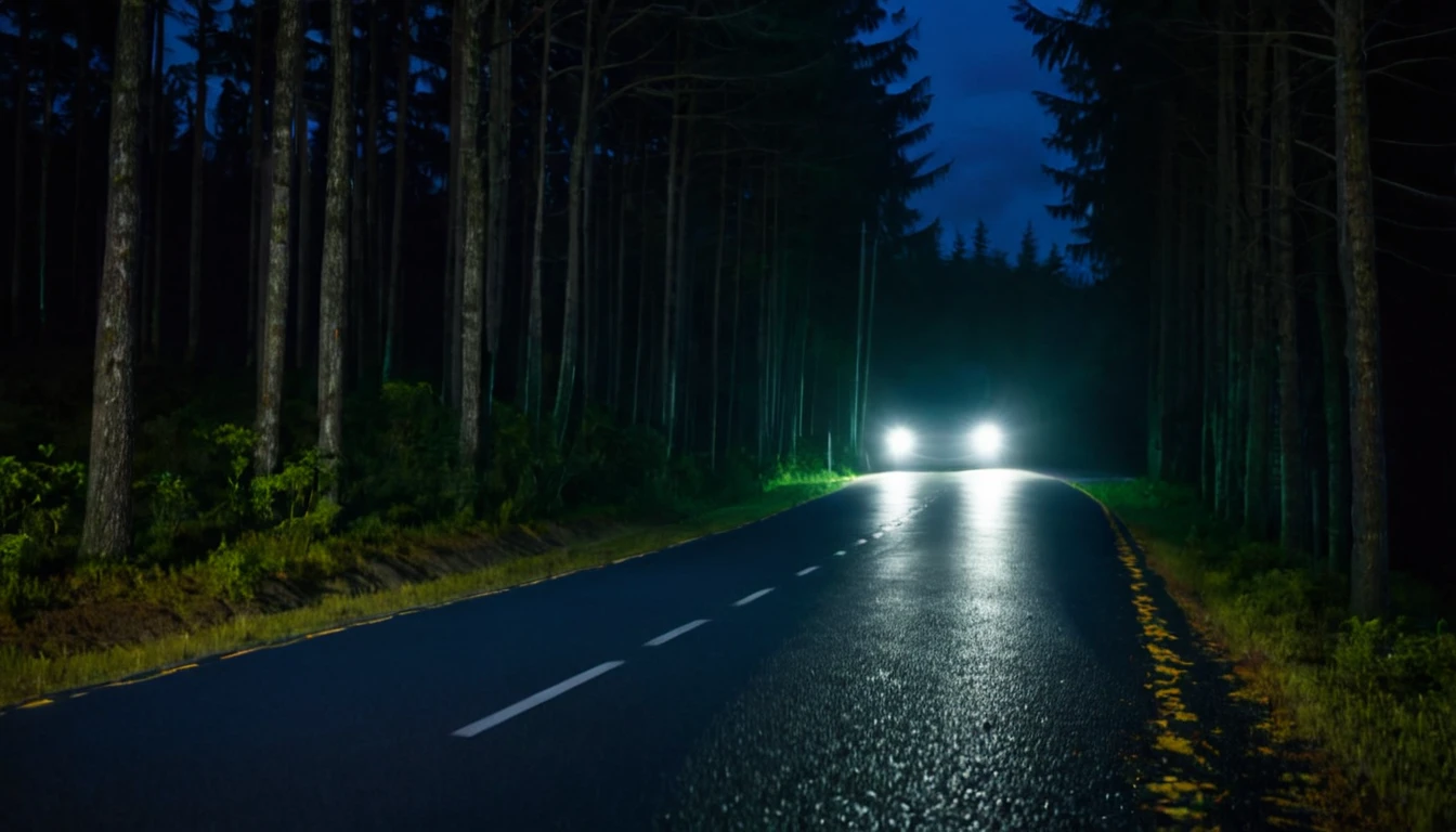 car moving, asphalt road, forested area, few houses, dark, ominous night, only the car's headlights illuminating the path