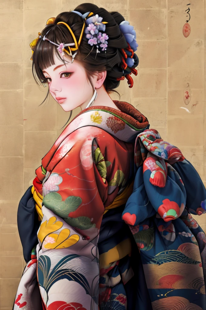 1 Girl, alone, Oiran, Maiko, country, Looking at the audience, short hair, Brown eyes, Brown Hair, Black Hair, hair ornaments, Upper Body, kimono, Blunt bangs, kimono, sash, Compensate, Bob cut hair,