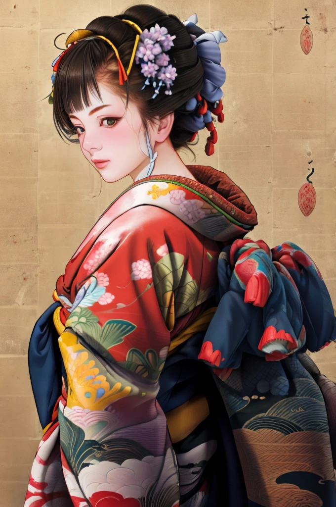 1 Girl, alone, Oiran, Maiko, country, Looking at the audience, short hair, Brown eyes, Brown Hair, Black Hair, hair ornaments, Upper Body, kimono, Blunt bangs, kimono, sash, Compensate, Bob cut hair,