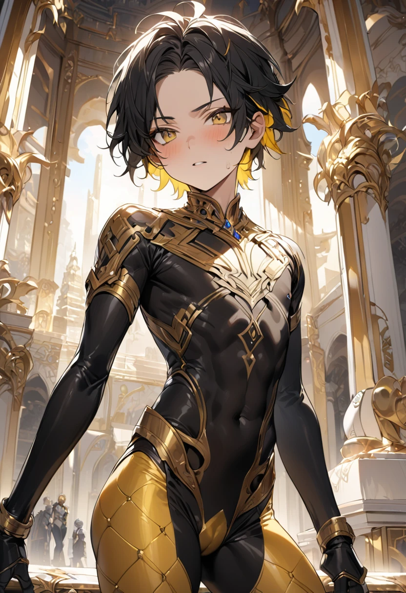 High quality，(Best quality, 4K, A high resolution, Masterpiece:1.2), Super detailed，（1 boy），（（（独奏））），juvenile，male，（Male juvenile）, Handsome and cute boy, black hair ,((yellow inner hair)),((Gold tights with white pattern))，bodysuit，short hair,Golden Eyes，single photo,the white temple of light,magnificent palace background，