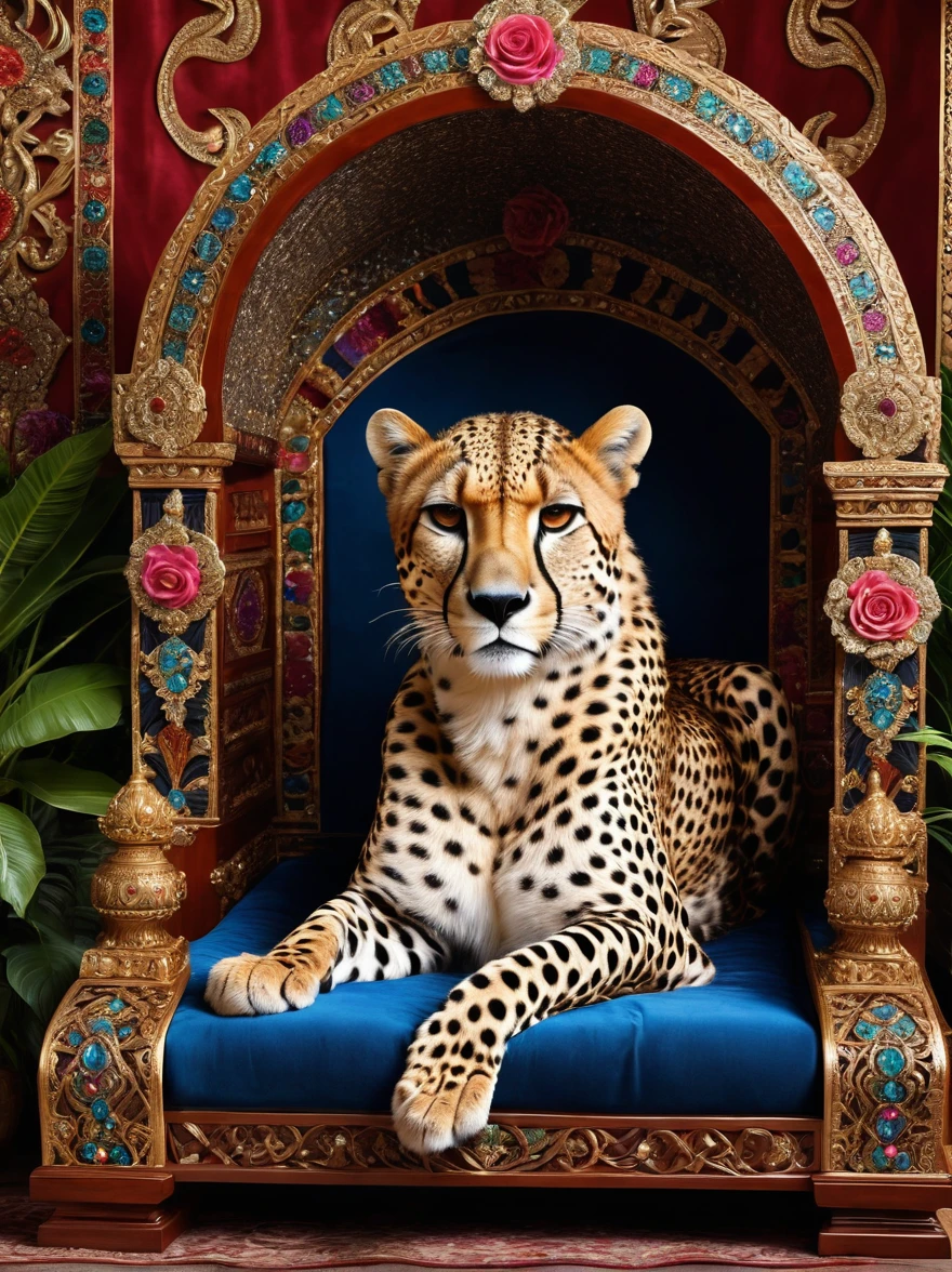 Visualize a majestic Cheetah resting on a grandiose throne. The throne is intricately designed with carvings and jewel encrustations, signifying regality and power. The Cheetah has a stunning rosette patterning on its fur, its eyes gleaming with a piercing gaze. The background is a beautifully designed royal court setting, adorned with exotic plants and colorful tapestries