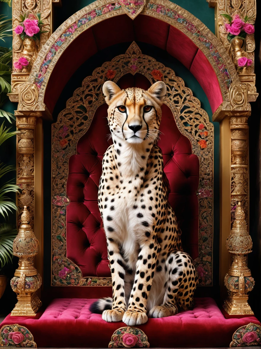 Visualize a majestic Cheetah resting on a grandiose throne. The throne is intricately designed with carvings and jewel encrustations, signifying regality and power. The Cheetah has a stunning rosette patterning on its fur, its eyes gleaming with a piercing gaze. The background is a beautifully designed royal court setting, adorned with exotic plants and colorful tapestries
