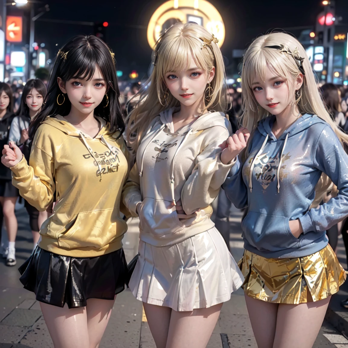 masterpiece, top-quality, top-quality, Beautifully Aesthetic:1.2, ((8 girls)), 
((Middle girl is Wearing a high-quality shiny hoodie, micro miniskirt):1.2), high detailed, 
((Left girl is Wearing a high-quality shiny hoodie, micro miniskirt):1.2), high detailed, 
((Right girl is Wearing a high-quality shiny hoodie, micro miniskirt):1.2), high detailed, 
(Four girls are standing side by side in two lines:1.4), large breasts, firm breast, nicely shaped breasts, slender figure, 
(((Bleached gold Hair))), wavy hair, (short hair:1.2), 
((At the middle of most crowded Shibuya Scramble Crossing at late night:1.2)), ((Surrounded by many women dancing for Three girls)), (Full body shot:1.1), (Looking at viewer), women only