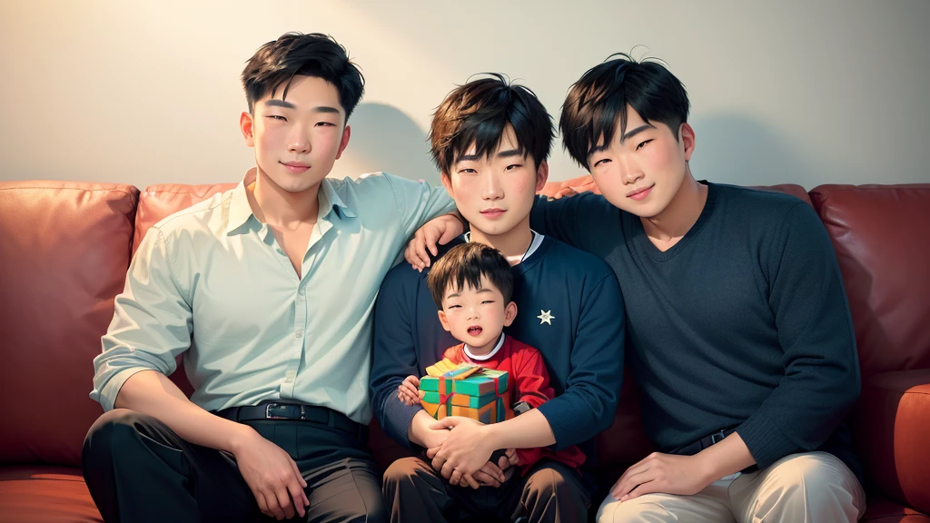 Two men and a boy are sitting on a sofa with gifts, Asian Man, High-quality images, Color photographygraph, Color photography, Asian Man, family, Portrait Shot, portrait of family of three, Close-up photo, husband、wife、son, happy family, full illustration