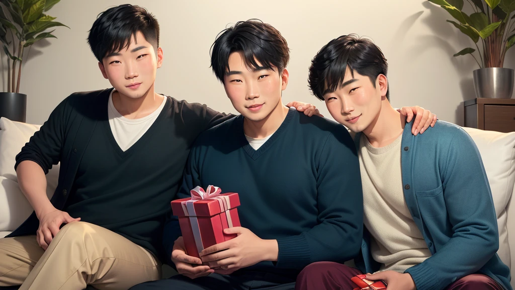 Two men and a boy are sitting on a sofa with gifts, Asian Man, High-quality images, Color photographygraph, Color photography, Asian Man, family, Portrait Shot, portrait of family of three, Close-up photo, husband、wife、son, happy family, full illustration