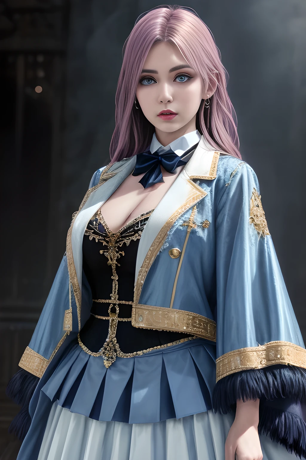 1girl,The upper body is a dark blue short-sleeved suit jacket, paired with a white shirt and a black tie. The jacket is decorated with white stripes, which adds a sense of fashion and layering. The lower body is a dark blue skirt that matches the jacket, ,beautiful detailed eyes, beautiful detailed lips, extremely detailed eyes and face, long eyelashes, best quality, 4k, 8k, highres, masterpiece, ultra-detailed, realistic, photorealistic, photo-realistic, ethereal glow, regal elegance, intricate details, luxurious, otherworldly beauty, dark atmospheric background, supernatural aura, elise,
