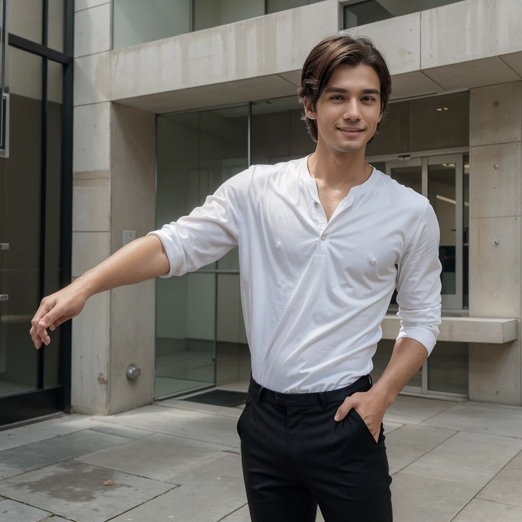 ((Best Quality, 8K, masutepiece: 1.3)), 1 Male, 26 years old, Smile, Full body, Full face, Handsome guy, Short dark brown hair, Clean white shirt on the upper body, Straight black suit pants on the lower body top, catshoes, Super Detailed Face, Detailed Eyes, Double Eyelids, Blurred Background, Slim Face, high rise building