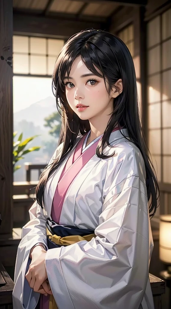 (Realistic)、(Realistic:1.2)、(High resolution)、Very detailed、Very beautiful face and eyes、1 girl、Delicate body、(highest quality、Attention to detail、Rich skin detail)、(highest quality、8k、Oil paint:1.2)、Very detailed、(Realistic、Realistic:1.37)、Bright colors、Full Body Shot,black_hair, Beautiful 8k eyes,Looking_in_Audience,One person in,Are standing,((Very beautiful woman, Fuller lips, Japanese pintern kimono))、((Colorful Japanese kimono)))、(((blackhair)))、(((Blunt bung,long straight hair)))、((( Inside an old Japanese house with a (short focus :1.4),)))、(masterpiece, highest quality, highest quality, Official Art, beautifully、aesthetic:1.2),(Fractal Art:1.3),Sengoku period、Greg Rutkowski Written by Alphonse Mucha Ropp,short ,uchikake,nishijin ori,(realistic light and shadow), (real and delicate background),(muted colors, dim colors, soothing tones:1.3), low saturation, (hyperdetailed:1.2), (noir:0.4),drow,blurry_light_background, (vibrant color:1.2), cinematic lighting, ambient lighting,Single Shot,Shallow Focus,pink lip,blurry light background,
