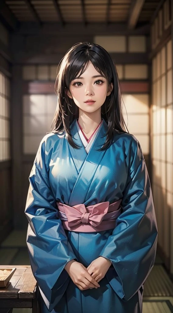 (Realistic)、(Realistic:1.2)、(High resolution)、Very detailed、Very beautiful face and eyes、1 girl、Delicate body、(highest quality、Attention to detail、Rich skin detail)、(highest quality、8k、Oil paint:1.2)、Very detailed、(Realistic、Realistic:1.37)、Bright colors、Full Body Shot,black_hair, Beautiful 8k eyes,Looking_in_Audience,One person in,Are standing,((Very beautiful woman, Fuller lips, Japanese pintern kimono))、((Colorful Japanese kimono)))、(((blackhair)))、(((Blunt bung,long straight hair)))、((( Inside an old Japanese house with a (short focus :1.4),)))、(masterpiece, highest quality, highest quality, Official Art, beautifully、aesthetic:1.2),(Fractal Art:1.3),Sengoku period、Greg Rutkowski Written by Alphonse Mucha Ropp,short ,uchikake,nishijin ori,(realistic light and shadow), (real and delicate background),(muted colors, dim colors, soothing tones:1.3), low saturation, (hyperdetailed:1.2), (noir:0.4),drow,blurry_light_background, (vibrant color:1.2), cinematic lighting, ambient lighting,Single Shot,Shallow Focus,pink lip,blurry light background,
