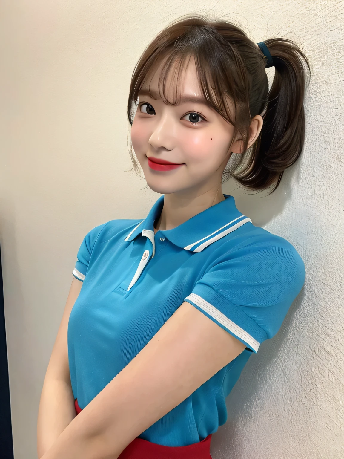 One person、16 years old、Full body photo、ponytail、slender、woman、White drool coming out of the mouth、smile、Very short hairstyle、 Fair skin, messy hair, super cute、Soft and Face、8K resolution、Surreal、Ultra high definition、 A-cup small breasts（（Highest resolution、8K、masterpiece：1.3））、Ultra-fine face、Ultra Fine Lips、Beautiful Eyes、double eyelid,Light blue wall、Red open front polo shirt、Red mini skirt、Thighs、thin,Thighsが見える、Shapely small breasts、