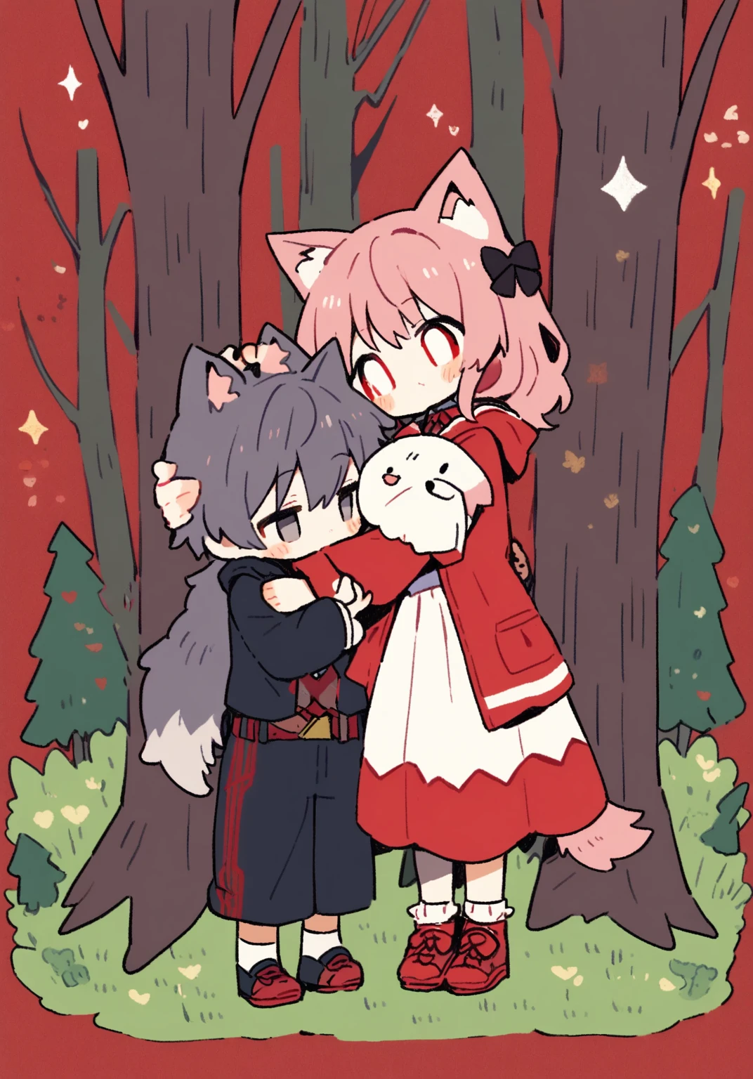 tegaki chibi 1girl 1boy red hood girl and boy wolf ears hug in the forest gothic lolita