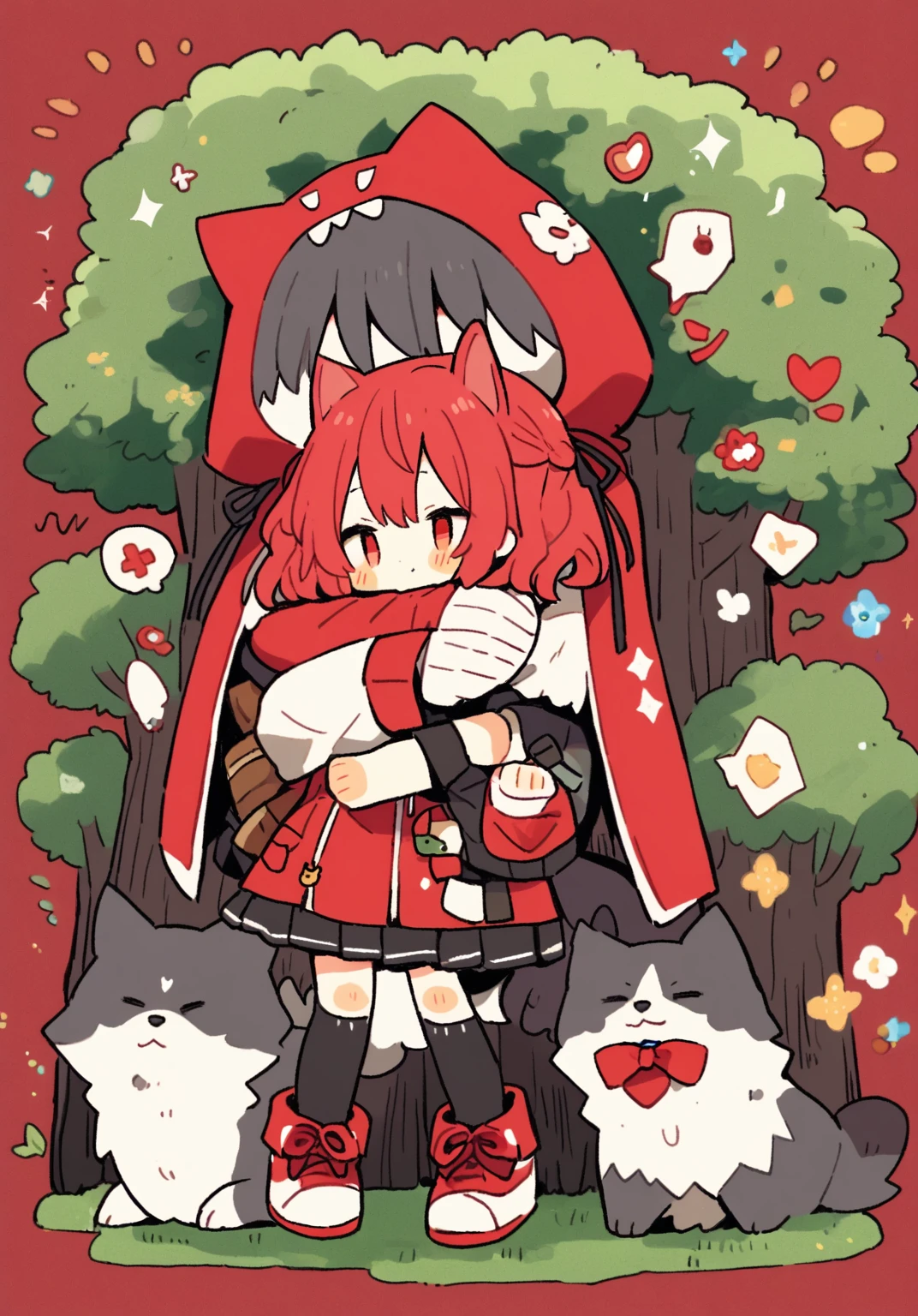 tegaki chibi 1girl 1boy red hood girl and boy wolf ears hug in the forest gothic lolita