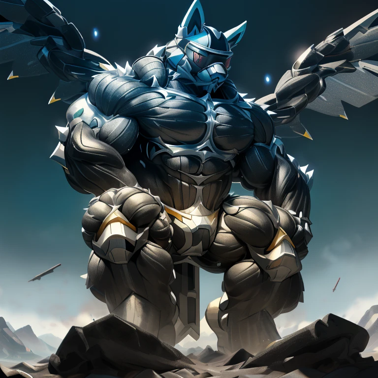 (masterpiece. official art. 8k. best quality. detailed full body. full body.)
(situation 1 : dominating LUCARIO.  in the space sitting in a tiny planet earth.)

(Additional details 1: wearing a full-face helmet. helmet is jet black. The color of NANOSUIT is jet black. high-tech bio-mecha armor. real texture material. whole body shines like metal. Wearing cyberpunk mecha. emphasizes the muscles. suit fully made of metal. intricate armor. Robotic suit. suit fully made of metal. NANOSUIT with the same design as LUCARIO.). (Lucario has 5 toes.)

(Additional details 2: (Detailed head. Detailed Body. Detailed abs. gigantic muscles. HYPER MUSCLES. Gigachad Muscular. big muscle. pecs. triceps. traps. unusually developed muscular body. body full of huge muscles. showing off muscles. pectorales enormes. Exaggeratedly huge muscles. huge muscles. long legs.).

(Additional details 3: nj5furry, Spread wings. It has wings. black have big wings. The claws are sharp. Sharp teeth.5 toes.). 