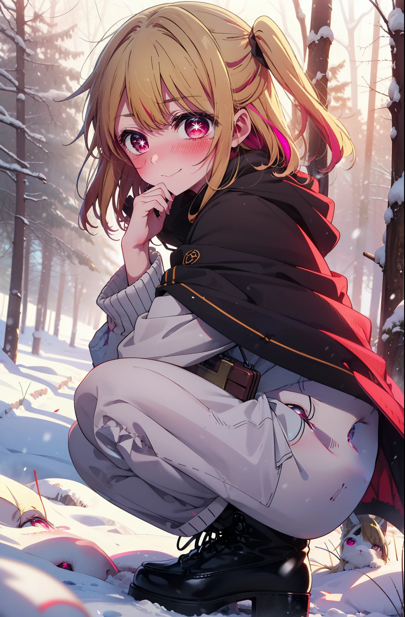 rubyhoshino, Hoshino Ruby, Long Hair, bangs, Blonde, (Pink Eyes:1.3), Side Lock, (Symbol-shaped pupil:1.5), Multicolored Hair, Two-tone hair, smile,,smile,blush,White Breath,
Open your mouth,snow,Ground bonfire, Outdoor, boots, snowing, From the side, wood, suitcase, Cape, Blurred, , forest, White handbag, nature, Squat, Mouth closed, Cape, winter, Written boundary depth, Black shoes, red Cape break looking at viewer, Upper Body, whole body, break Outdoor, forest, nature, break (masterpiece:1.2), Highest quality, High resolution, unity 8k wallpaper, (shape:0.8), (Beautiful and beautiful eyes:1.6), Highly detailed face, Perfect lighting, Highly detailed CG, (Perfect hands, Perfect Anatomy),
