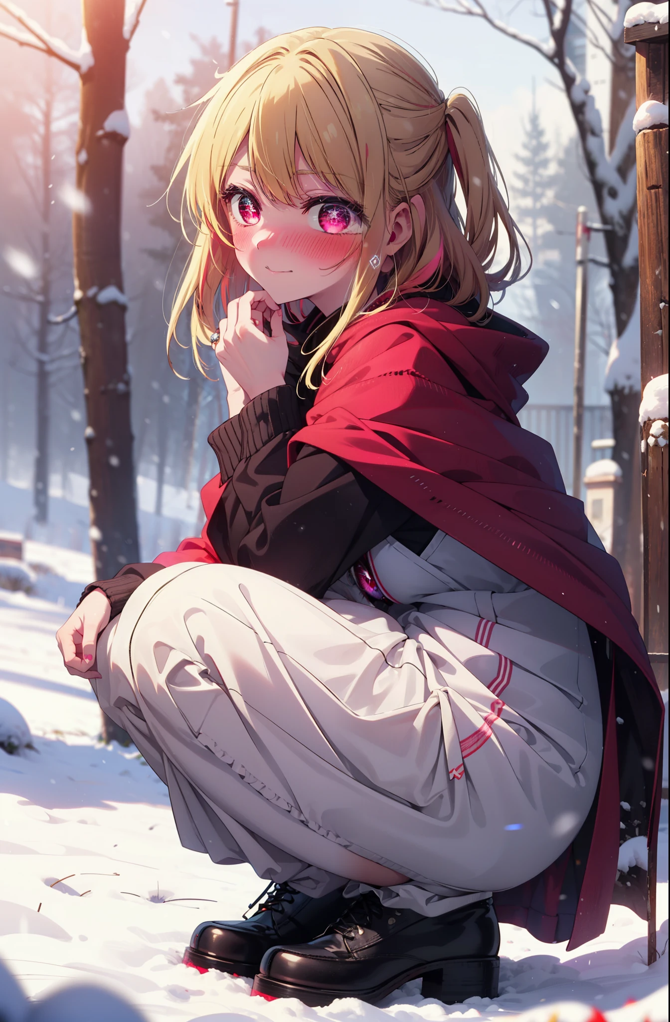 rubyhoshino, Hoshino Ruby, Long Hair, bangs, Blonde, (Pink Eyes:1.3), Side Lock, (Symbol-shaped pupil:1.5), Multicolored Hair, Two-tone hair, smile,,smile,blush,White Breath,
Open your mouth,snow,Ground bonfire, Outdoor, boots, snowing, From the side, wood, suitcase, Cape, Blurred, , forest, White handbag, nature, Squat, Mouth closed, Cape, winter, Written boundary depth, Black shoes, red Cape break looking at viewer, Upper Body, whole body, break Outdoor, forest, nature, break (masterpiece:1.2), Highest quality, High resolution, unity 8k wallpaper, (shape:0.8), (Beautiful and beautiful eyes:1.6), Highly detailed face, Perfect lighting, Highly detailed CG, (Perfect hands, Perfect Anatomy),