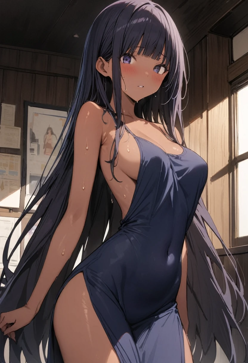 (((masterpiece, Highest quality:1.5,absurdres))),30 year old beauty,(dark blue hair),((very small head:1.2)),long hair,bangs,dark blue eyes,gorgeous eyes,blush、in heat,medium breasts,((very long body:1.4)),((toned body,slender body)),skinny,((tan skin:1.4)),gleaming skin,shiny skin,sweat,((Navy blue camisole、Underboob、navel、Navy blue pleated mini skirt、A rolled up skirt、spread vagina,Love juice、),Navy blue sneakers、kneeling,spread legs:1.3,library、Tokyo、