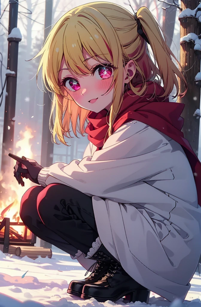 rubyhoshino, Hoshino Ruby, Long Hair, bangs, Blonde, (Pink Eyes:1.3), Side Lock, (Symbol-shaped pupil:1.5), Multicolored Hair, Two-tone hair, smile,,smile,blush,White Breath,
Open your mouth,snow,Ground bonfire, Outdoor, boots, snowing, From the side, wood, suitcase, Cape, Blurred, , forest, White handbag, nature,  Squat, Mouth closed, Cape, winter, Written boundary depth, Black shoes, red Cape break looking at viewer, Upper Body, whole body, break Outdoor, forest, nature, break (masterpiece:1.2), Highest quality, High resolution, unity 8k wallpaper, (shape:0.8), (Beautiful and beautiful eyes:1.6), Highly detailed face, Perfect lighting, Highly detailed CG, (Perfect hands, Perfect Anatomy),