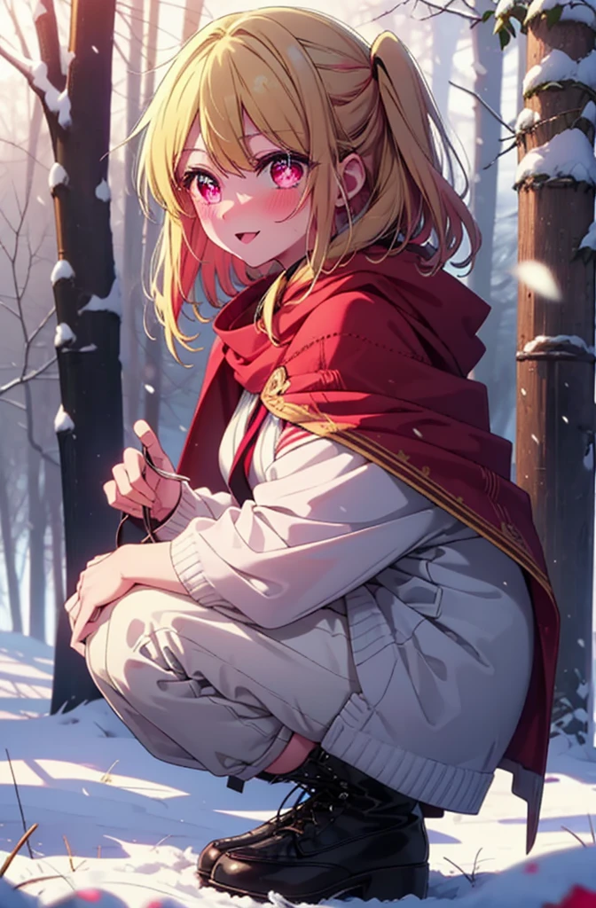 rubyhoshino, Hoshino Ruby, Long Hair, bangs, Blonde, (Pink Eyes:1.3), Side Lock, (Symbol-shaped pupil:1.5), Multicolored Hair, Two-tone hair, smile,,smile,blush,White Breath,
Open your mouth,snow,Ground bonfire, Outdoor, boots, snowing, From the side, wood, suitcase, Cape, Blurred, , forest, White handbag, nature,  Squat, Mouth closed, Cape, winter, Written boundary depth, Black shoes, red Cape break looking at viewer, Upper Body, whole body, break Outdoor, forest, nature, break (masterpiece:1.2), Highest quality, High resolution, unity 8k wallpaper, (shape:0.8), (Beautiful and beautiful eyes:1.6), Highly detailed face, Perfect lighting, Highly detailed CG, (Perfect hands, Perfect Anatomy),